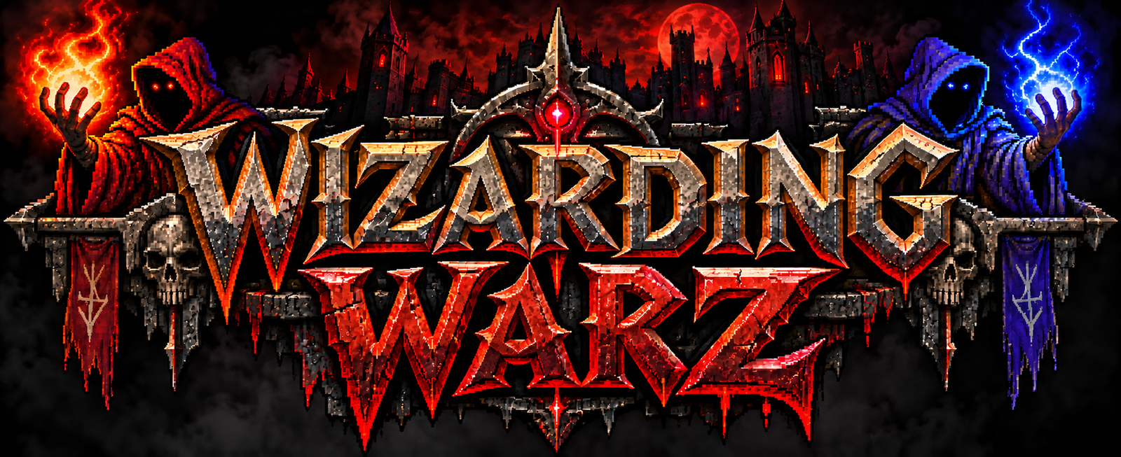 Wizarding Warz — red fire wizard and blue ice wizard before a dark castle